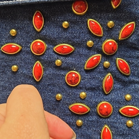 Denim Short Sleeve Top with Embroidered Accents - Picture 6 of 13